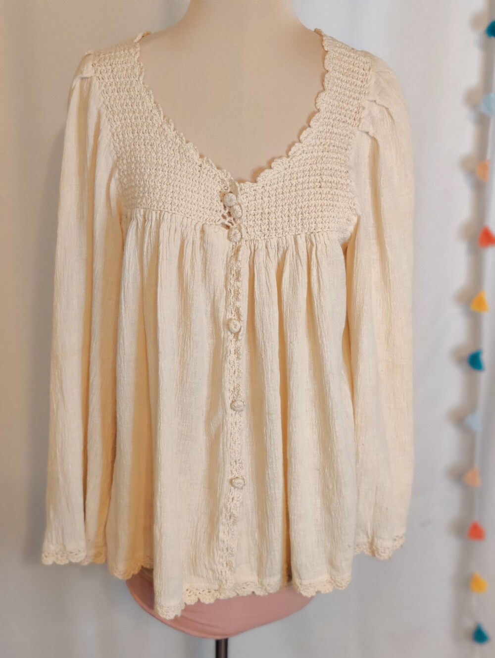 70s cotton gauze billowy Bell Sleeve Hippie Boho Top lace trim Natural Fabric OS